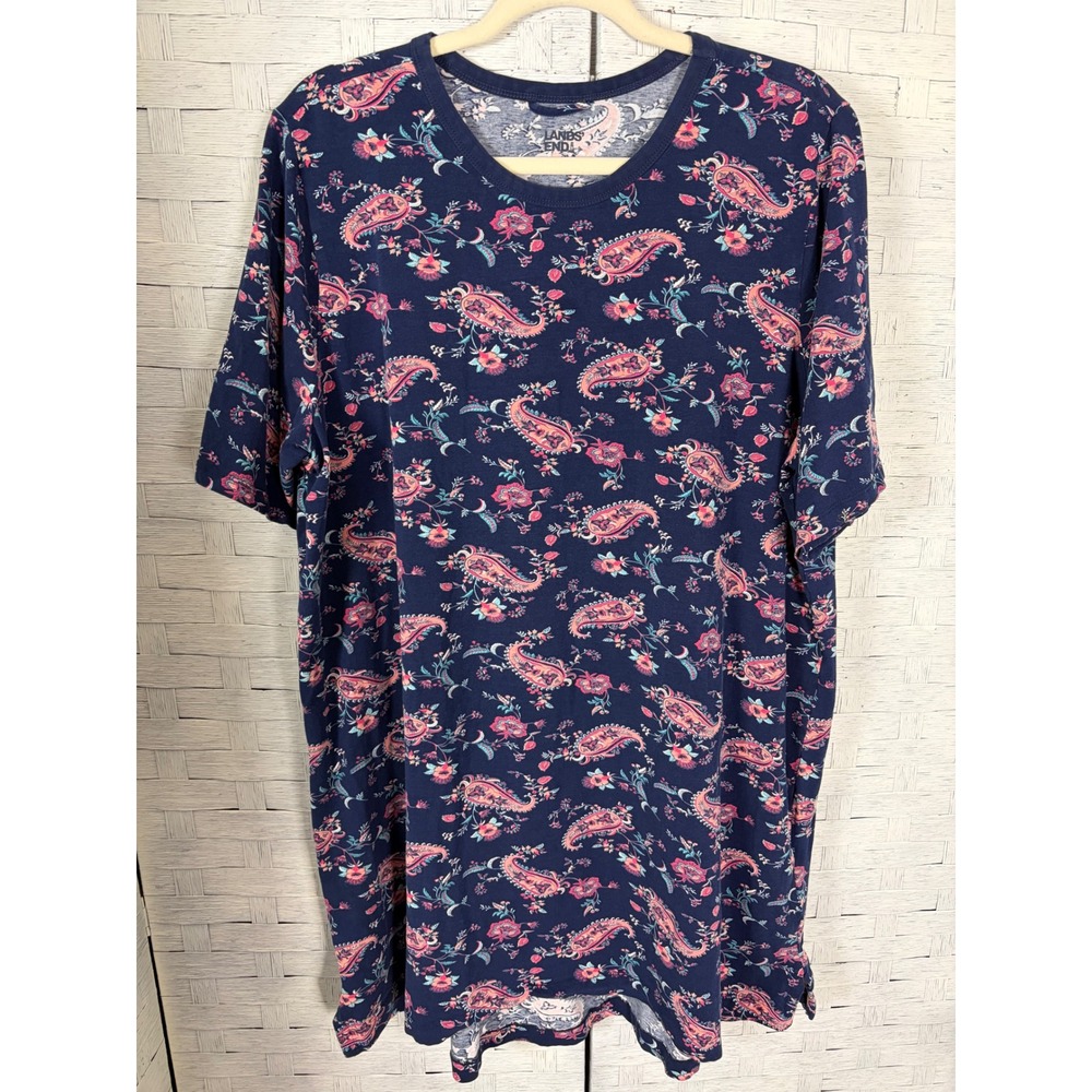 Lands End Womens T-Shirt Dress Navy Pink Paisley Floral Short‎ Sleeve Plus Size